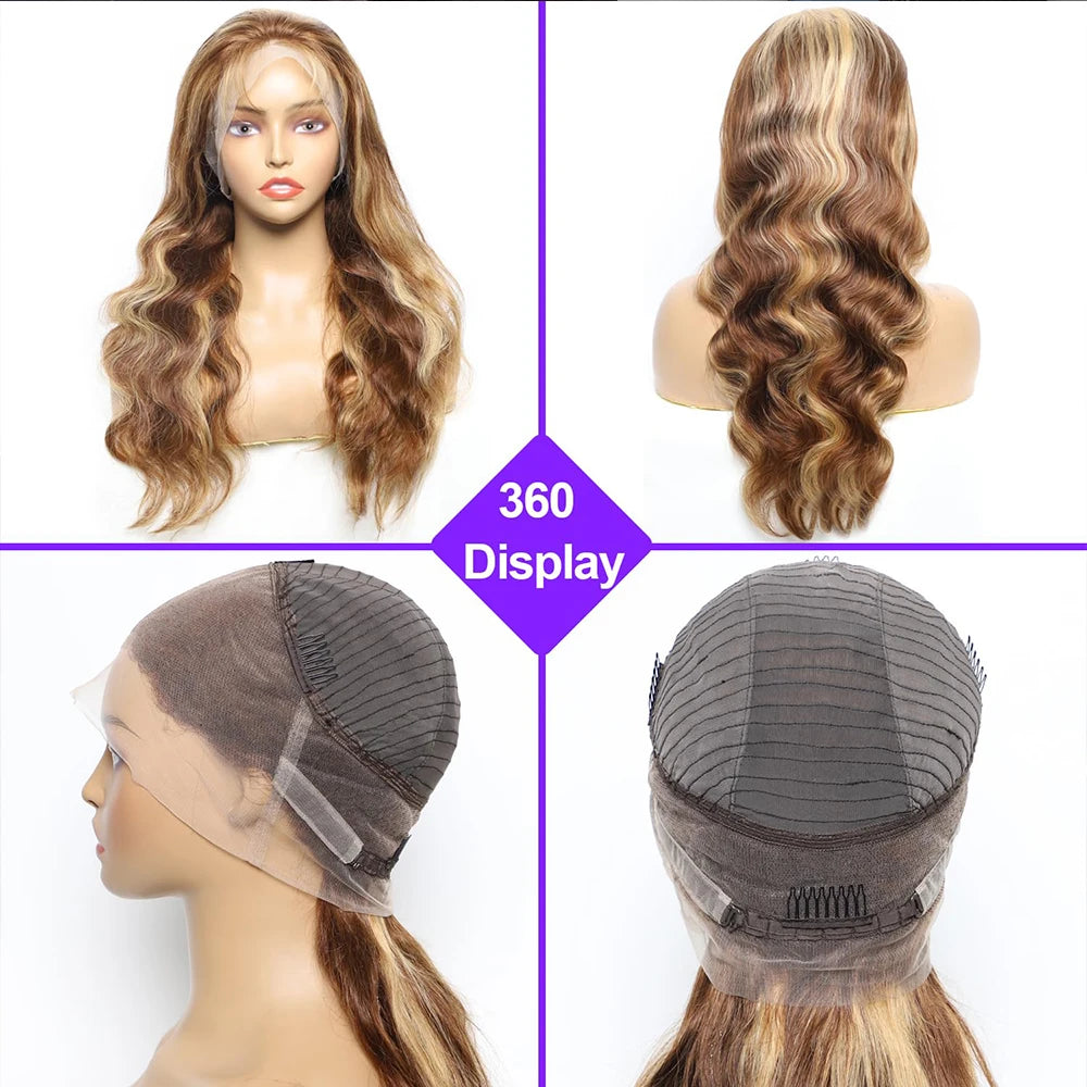 Density Highlight Lace Front Wig Human Hair P4/27 HD, 13x4 Body Wave