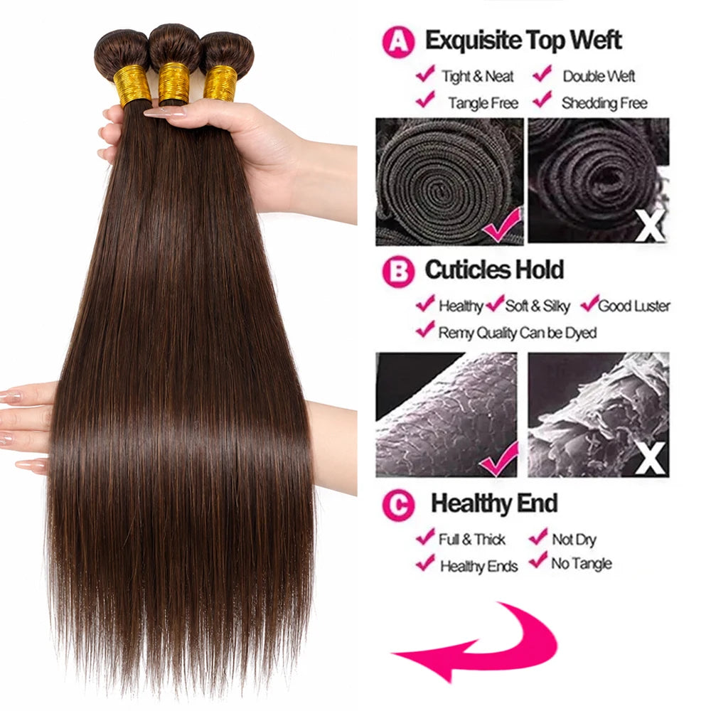 12A Chocolate Brown Straight Human Hair Bundles Closure Frontal Raw Brazilian Tissage
