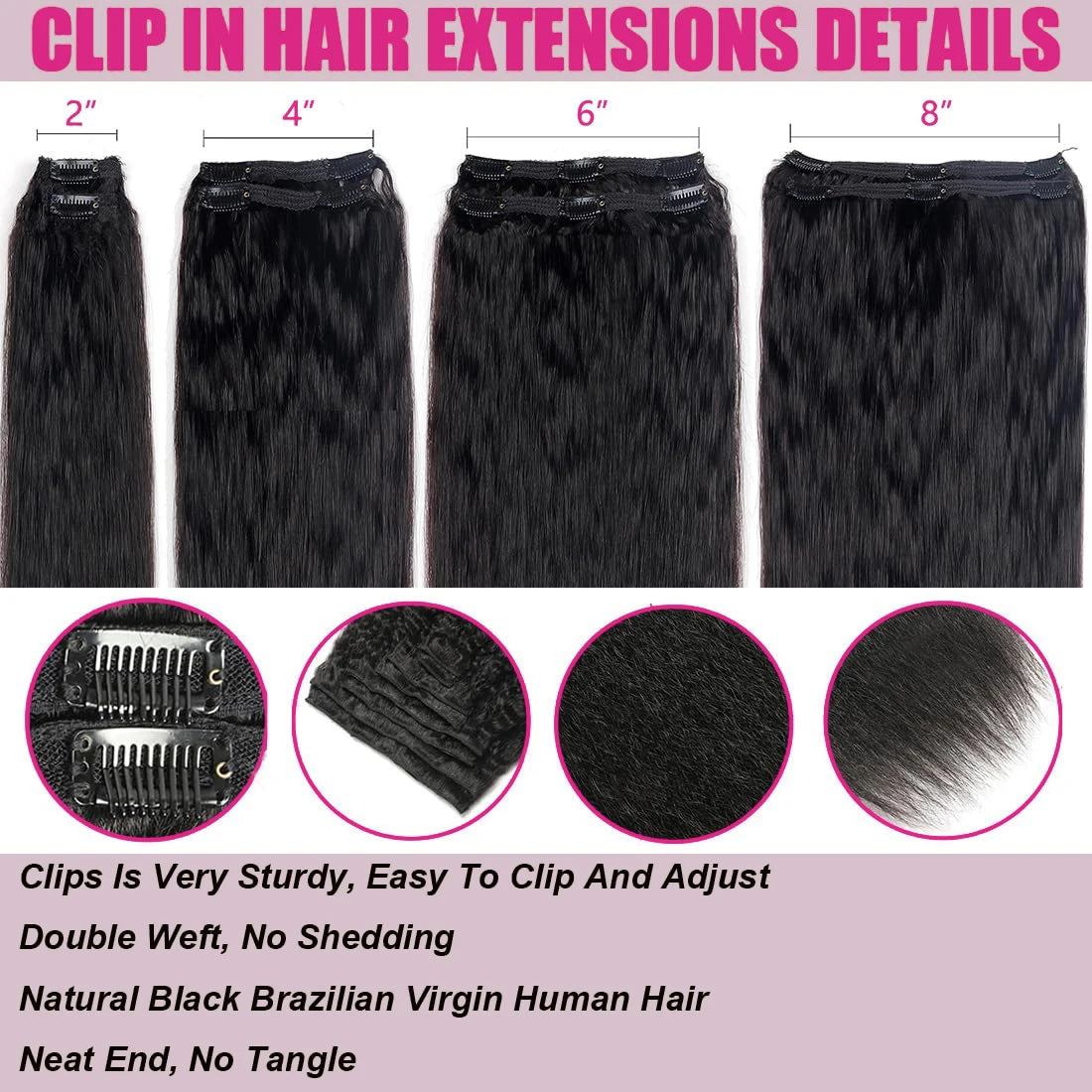 Seamless Kinky Straight Clip in Hair Extensions Brazilian Virgin Human Ins