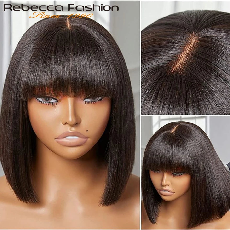 Straight Human Hair Bob Lace Wig with Bangs - Fringe Middle Part, Realistic Scalp, Brazilian