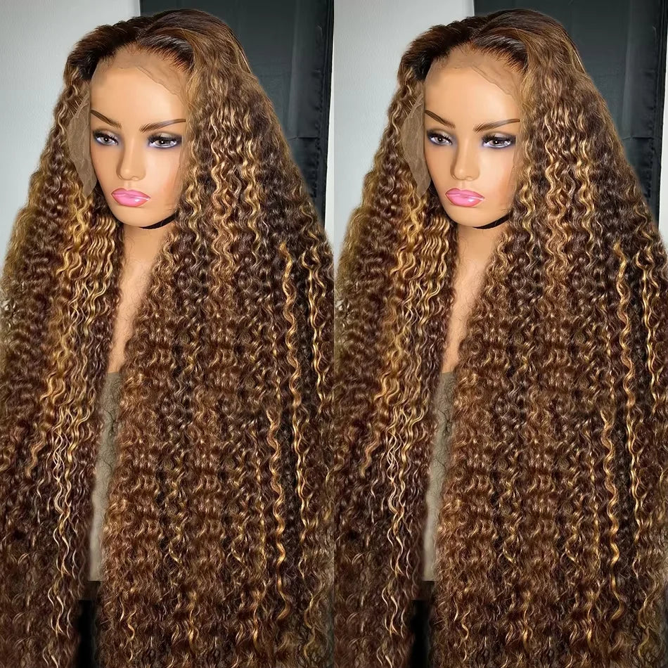 4/27 Highlight Curly Brazilian Hair Weaves Bundles Frontal, 13x4 Lace Closure Deep