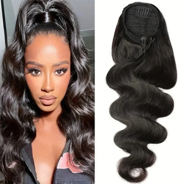 Body Wave Human Hair Drawstring Ponytail Extensions Remy, 100% Natural Clip in