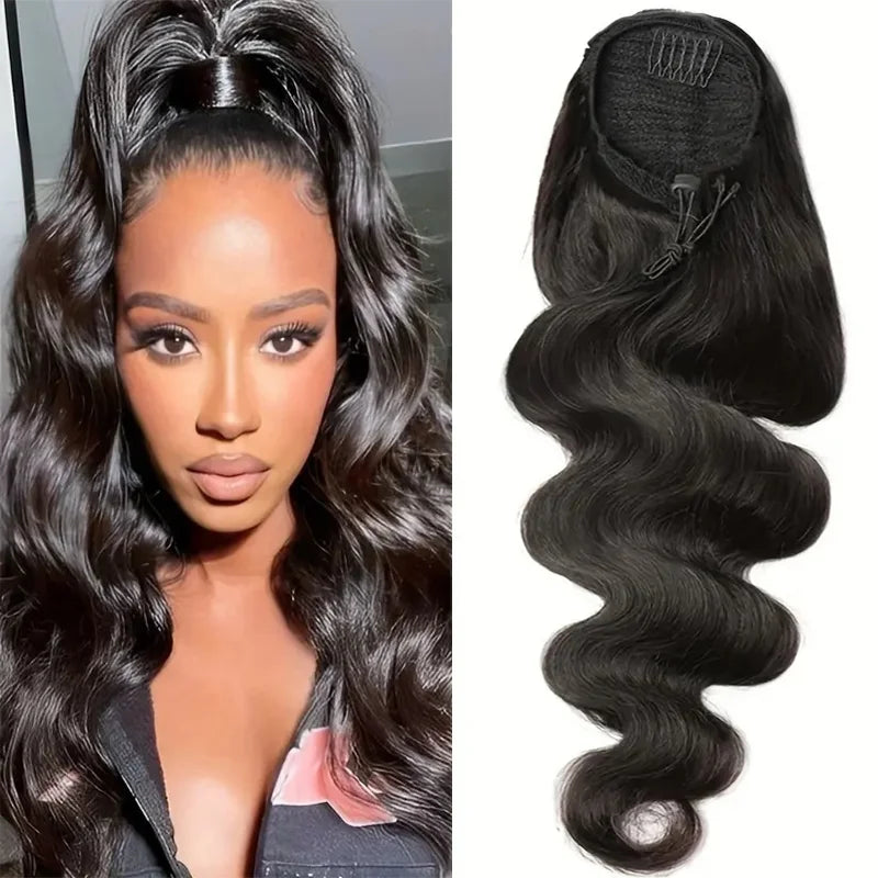 Body Wave Human Hair Drawstring Ponytail Extensions Remy, 100% Natural Clip in