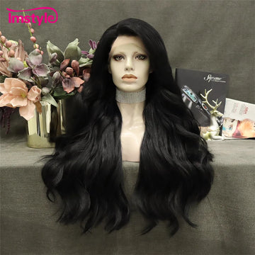 Jet Black Wigs Synthetic Lace Front Heat Resistant Fiber Natural Wavy Long