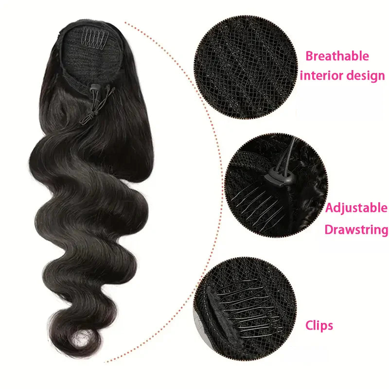 Body Wave Human Hair Drawstring Ponytail Extensions Remy, 100% Natural Clip in