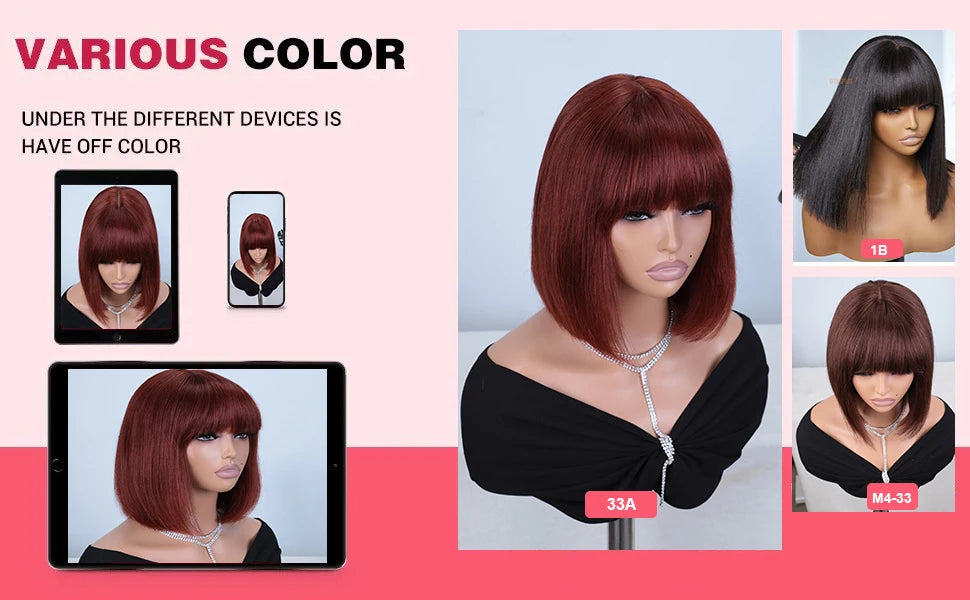 Straight Human Hair Bob Lace Wig with Bangs - Fringe Middle Part, Realistic Scalp, Brazilian
