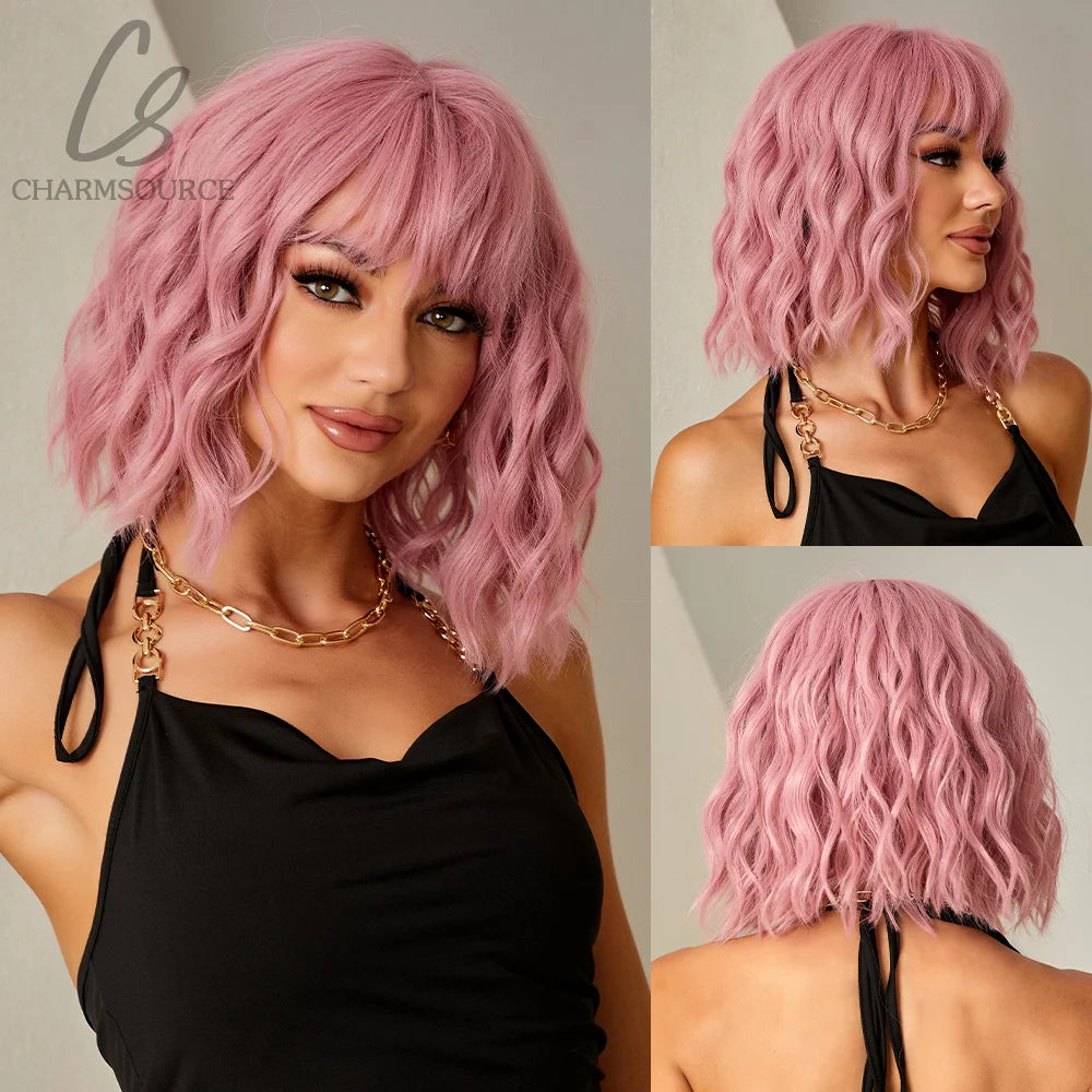 Pink BOBO Synthetic Wigs Short Natural Wave Hair Wig Party Daily High Density Heat Resistant