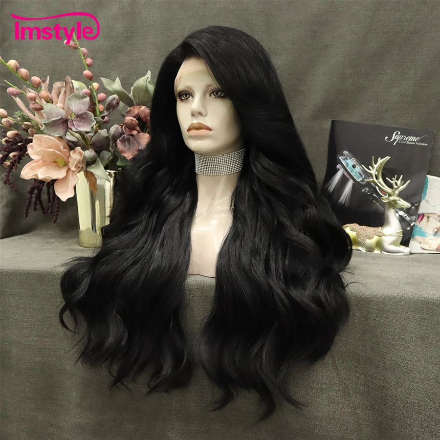 Jet Black Wigs Synthetic Lace Front Heat Resistant Fiber Natural Wavy Long