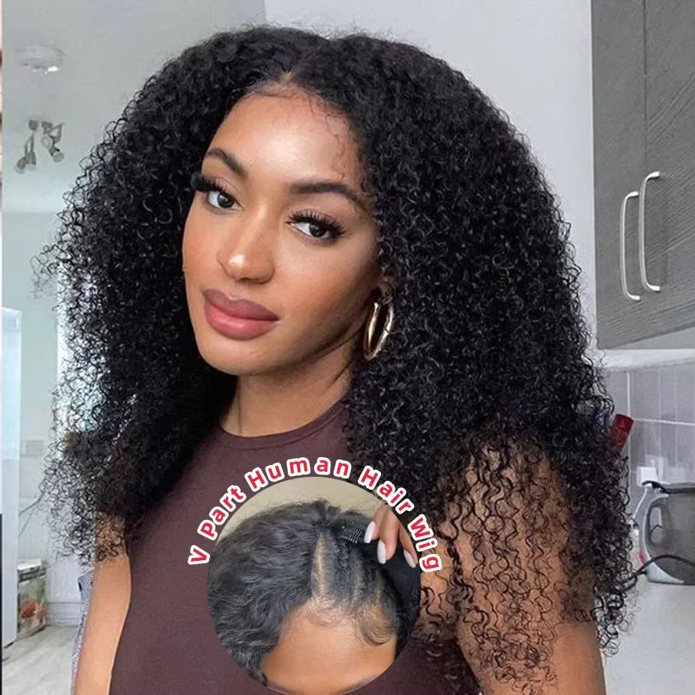 Upgraded V Part Wig Kinky Curly Install Brazilian 30Inch, 300% Density Deep