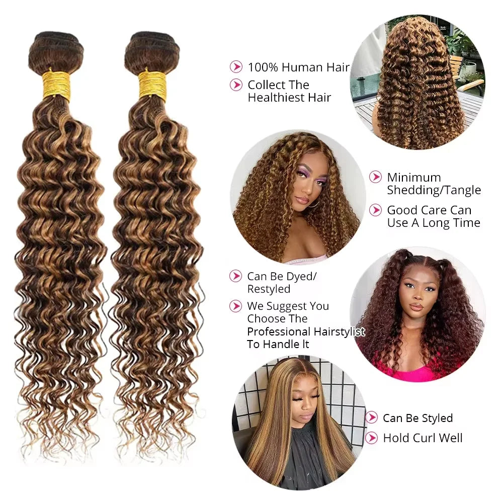 4/27 Highlight Curly Brazilian Hair Weaves Bundles Frontal, 13x4 Lace Closure Deep