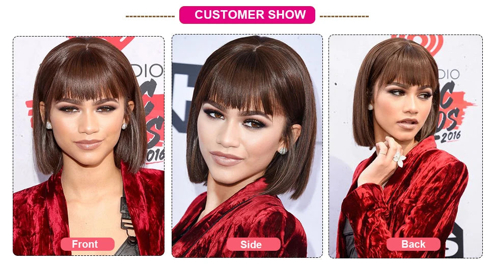 Straight Human Hair Bob Lace Wig with Bangs - Fringe Middle Part, Realistic Scalp, Brazilian