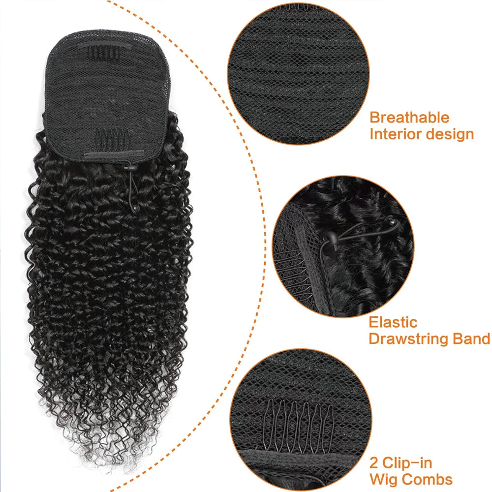100G 140G 100% Human Hair Kinky Curly Ponytail Drawstring Extensions Vietnamese Natural