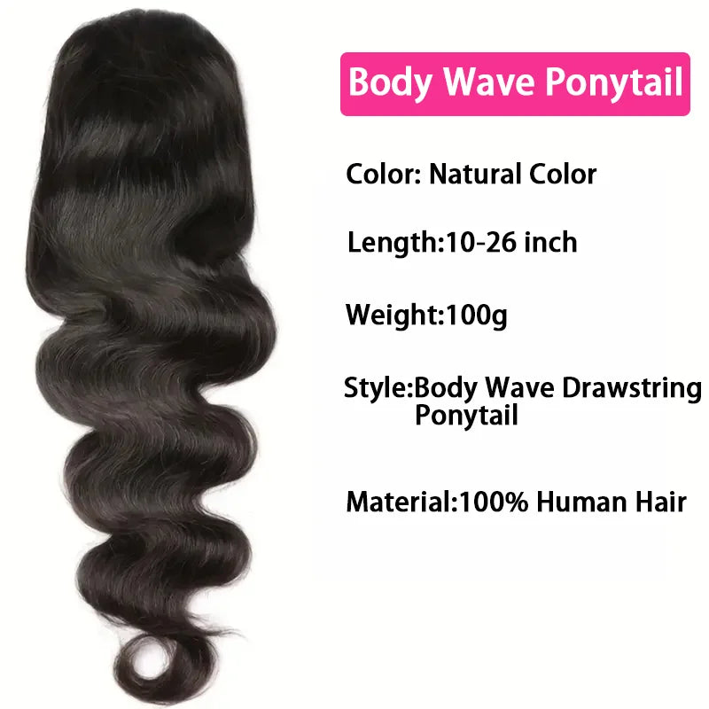 Body Wave Human Hair Drawstring Ponytail Extensions Remy, 100% Natural Clip in