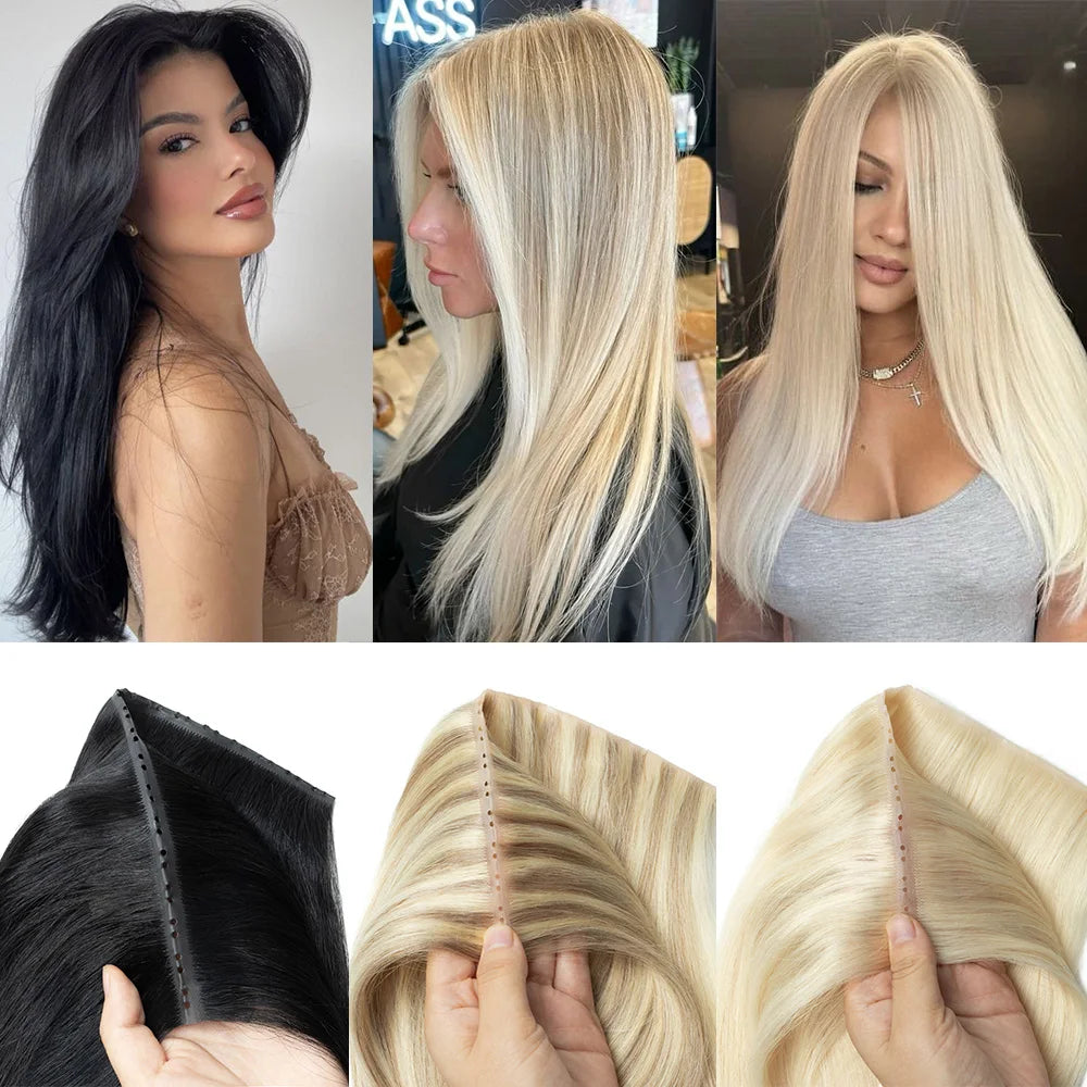 Blonde Invisible Skin Weft Inject Human Hair Extensions Straight Twin Tab Natural