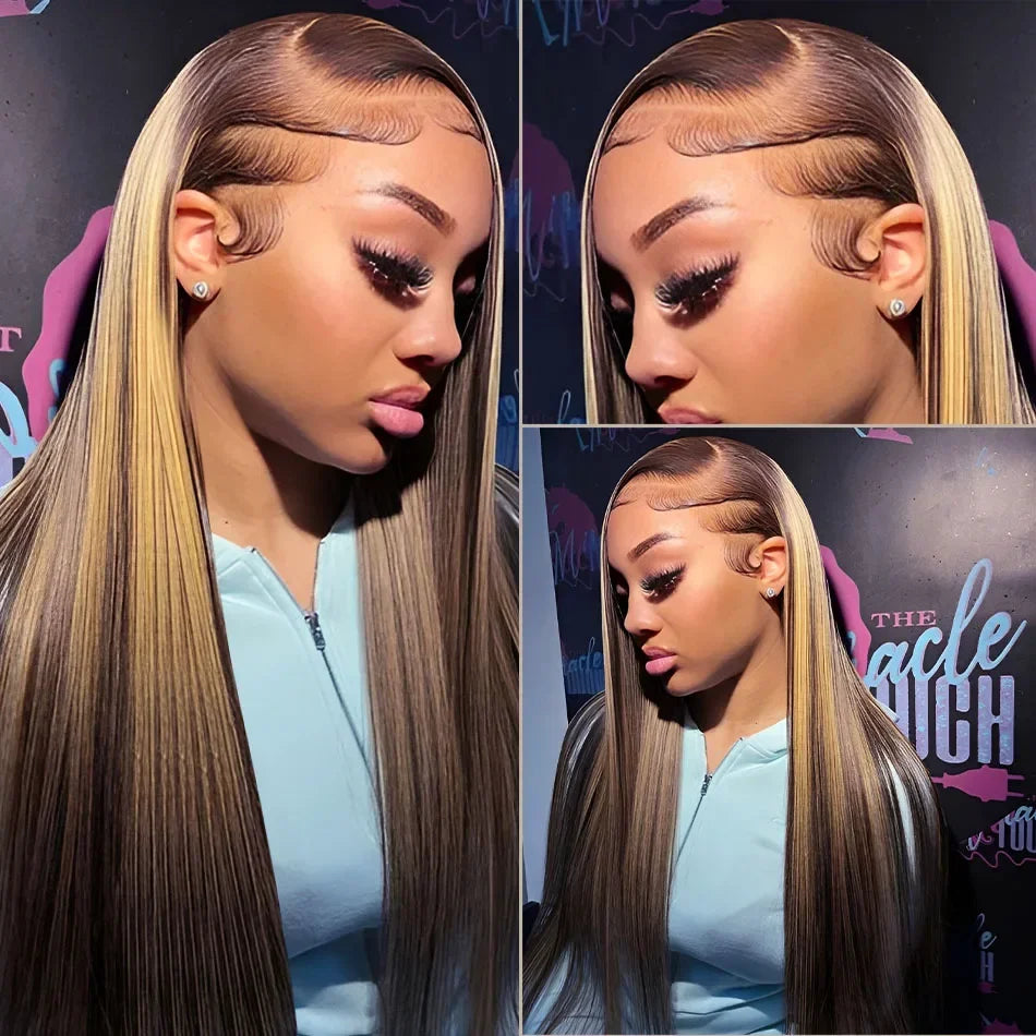 Honey Blonde Highlight Ombre 4/27 Human Hair Wigs HD Transparent Brown Colored