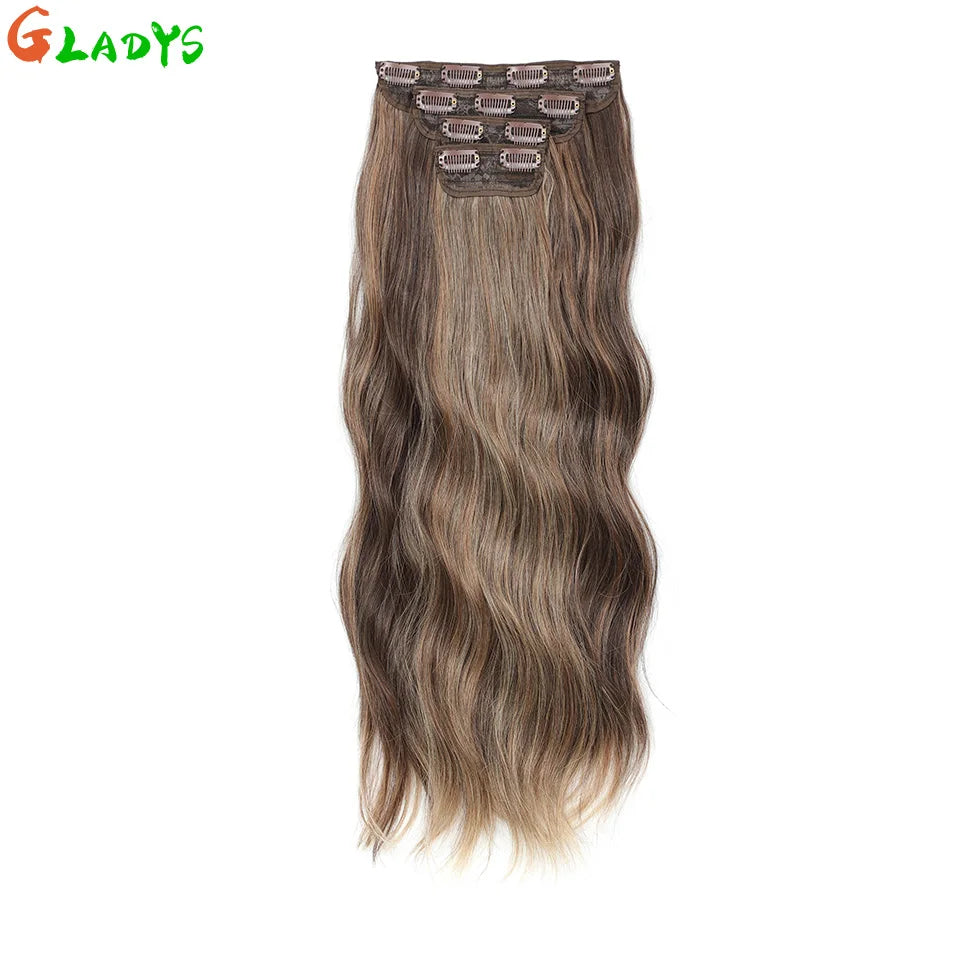 Ombre Color Clips Hair Extension Synthetic Body Wave Ins Piece