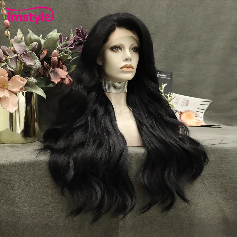 Jet Black Wigs Synthetic Lace Front Heat Resistant Fiber Natural Wavy Long