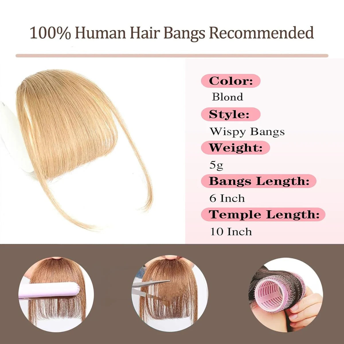 Wispy Curtain Bangs, 100% Human Hair Light French Air Temples Clip in