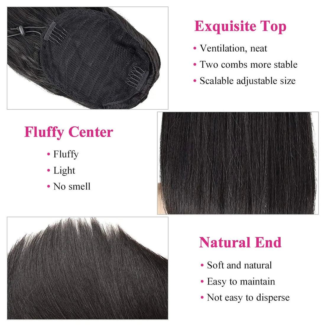 Straight Drawstring Ponytail Clip in Extensions Natural Color Brazilian Remy Human Hair