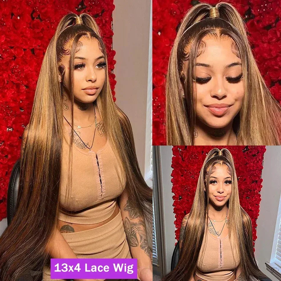 Honey Blonde Highlight Ombre 4/27 Human Hair Wigs HD Transparent Brown Colored