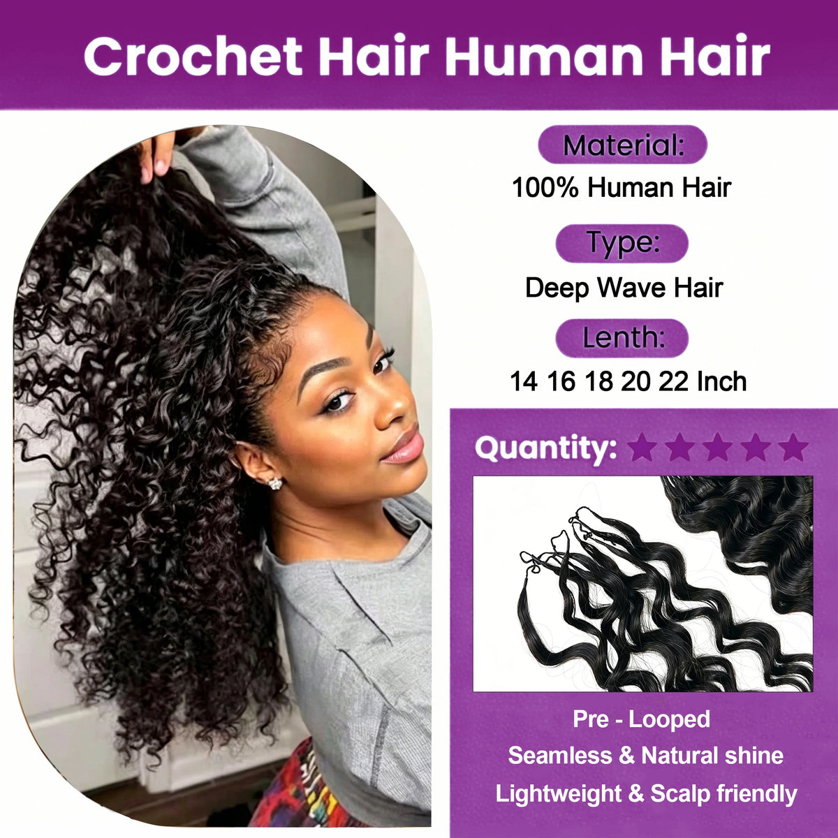 Invisible Knots Feather Crochet Hair Deep Wave Curly Pre Separated Human Looped