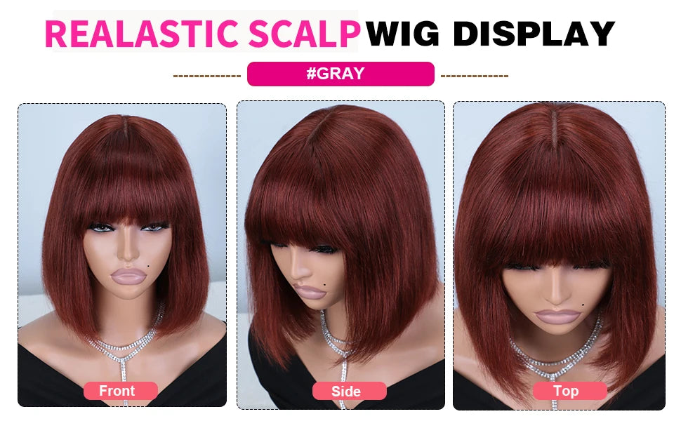 Straight Human Hair Bob Lace Wig with Bangs - Fringe Middle Part, Realistic Scalp, Brazilian