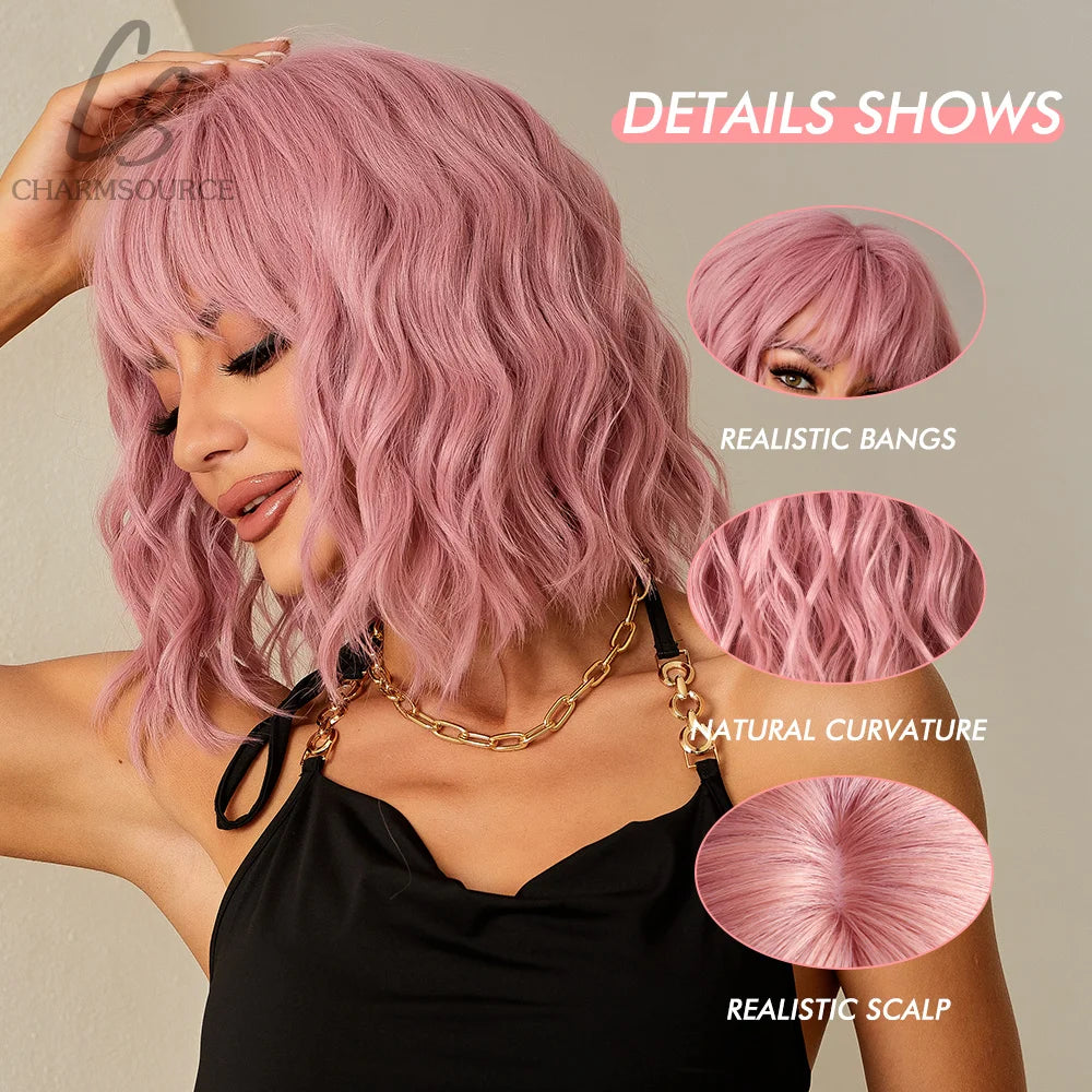 Pink BOBO Synthetic Wigs Short Natural Wave Hair Wig Party Daily High Density Heat Resistant