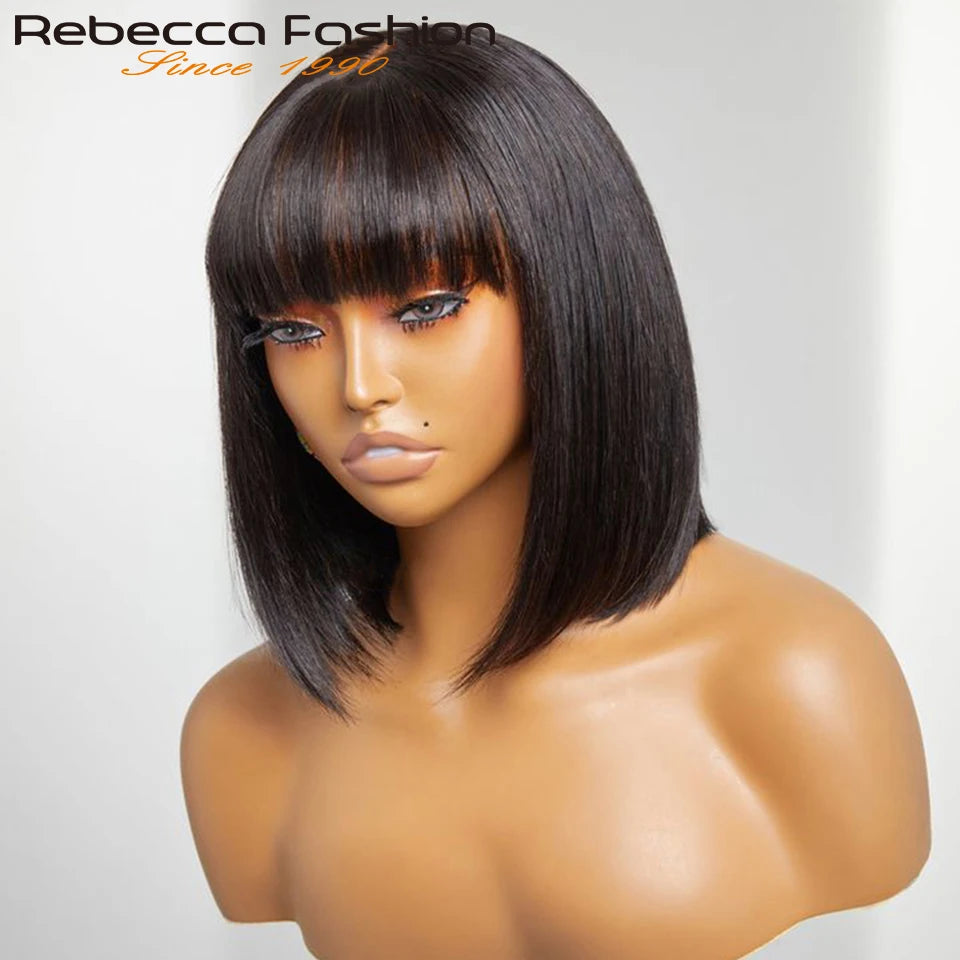 Straight Human Hair Bob Lace Wig with Bangs - Fringe Middle Part, Realistic Scalp, Brazilian