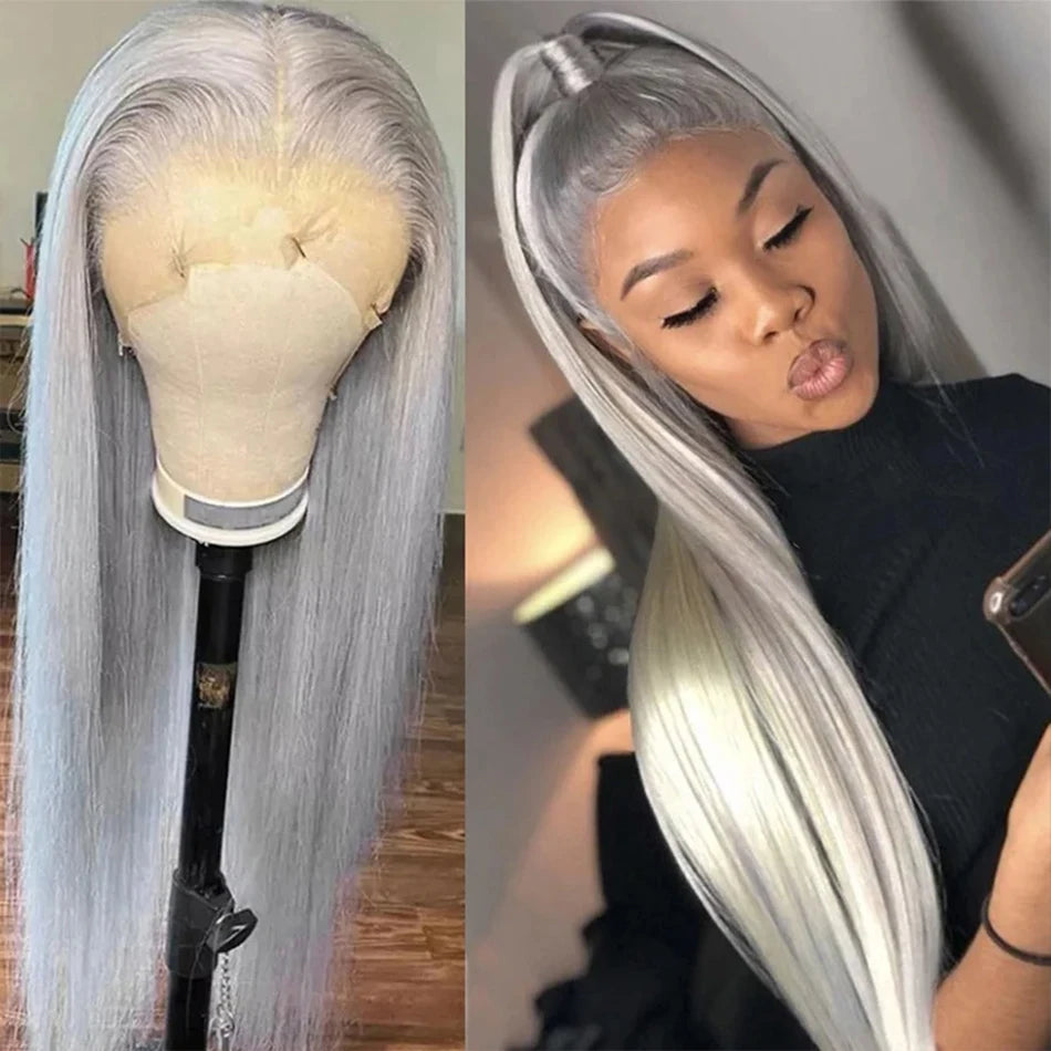 Silver Grey Straight Lace Front Wig Remy Human Hair 613 Colored HD
