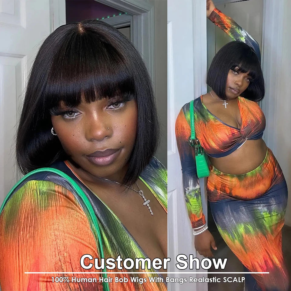 Straight Human Hair Bob Lace Wig with Bangs - Fringe Middle Part, Realistic Scalp, Brazilian