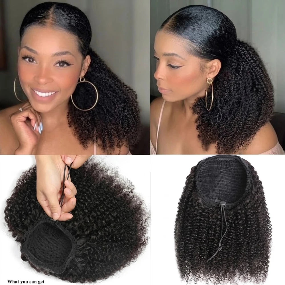 100G 140G 100% Human Hair Kinky Curly Ponytail Drawstring Extensions Vietnamese Natural