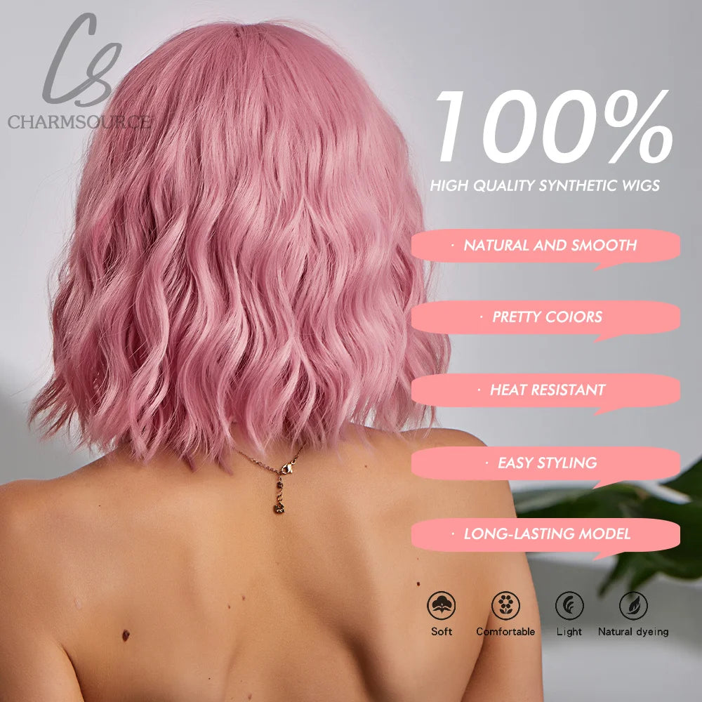 Pink BOBO Synthetic Wigs Short Natural Wave Hair Wig Party Daily High Density Heat Resistant