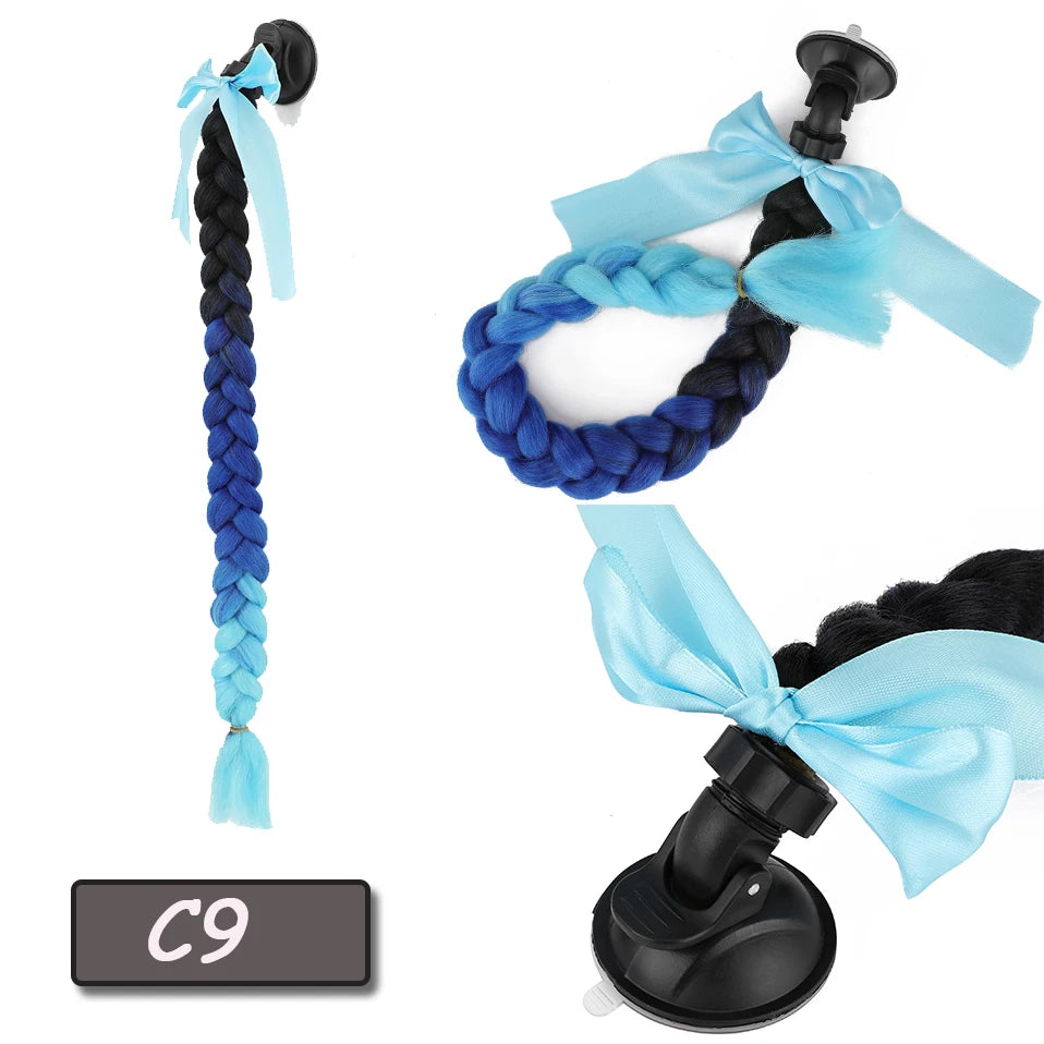 Synthetic Helmet Pigtails Gradient Ramp Braids Ponytail Hair Suction Cup Bowknot Motor
