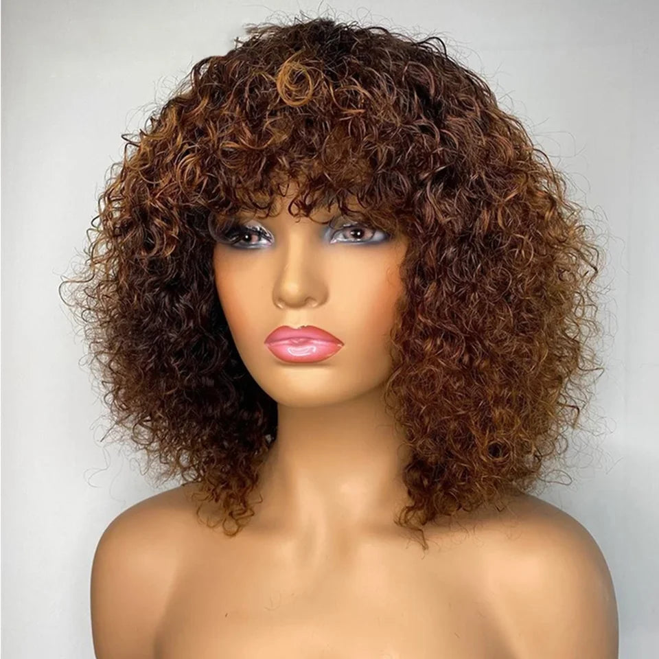 Jerry Curly Human Hair Wigs Bangs Full Machine Made Highlight Honey Blonde
