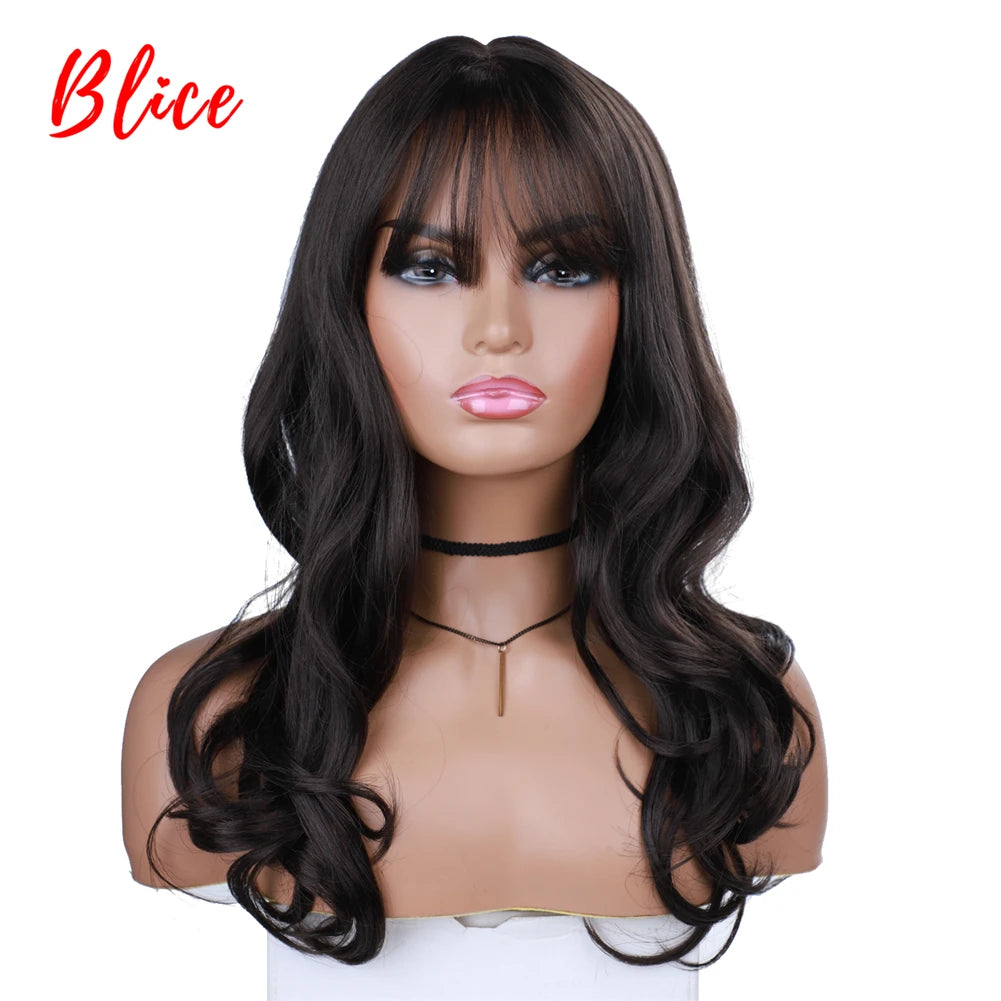 18 Inch Long Wavy Synthetic Wig With Side Bangs Brown