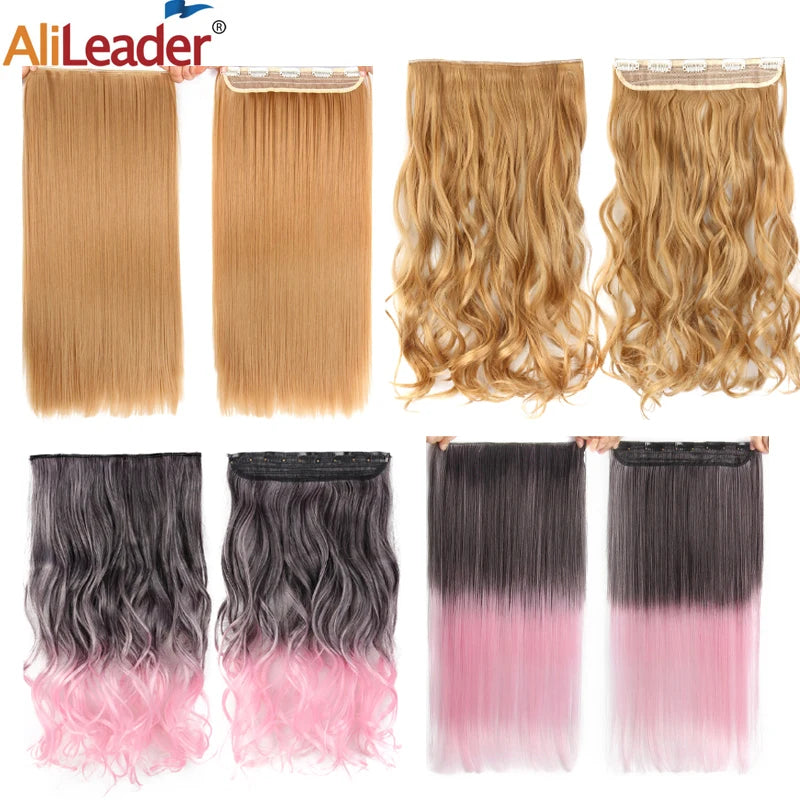 Synthetic 22Inch Clips in Hair Extension Long Straight 5Clip Ombre Black Brown