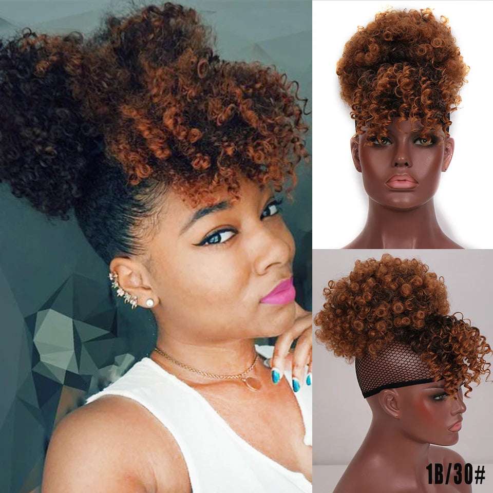 Synthetic Fake Hair Bun Hairpiece Hair Afro Chignon Scrunchies With Bangs Drawstring Ponytail