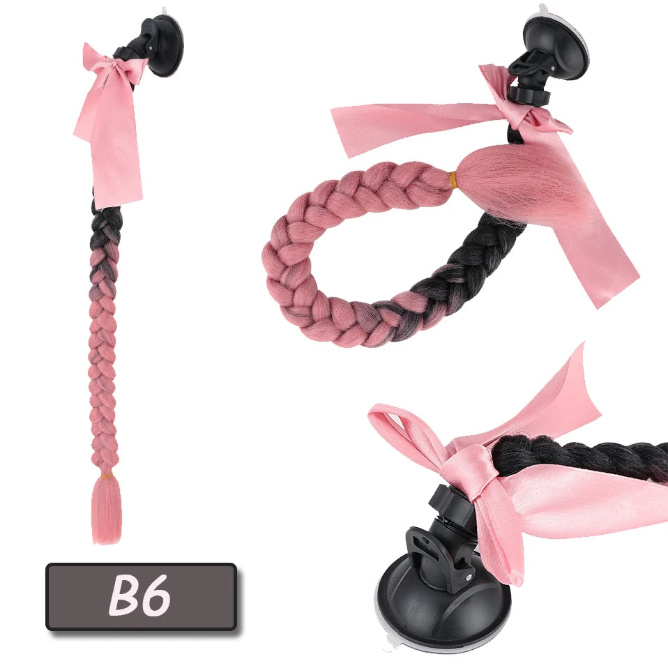Synthetic Helmet Pigtails Gradient Ramp Braids Ponytail Hair Suction Cup Bowknot Motor