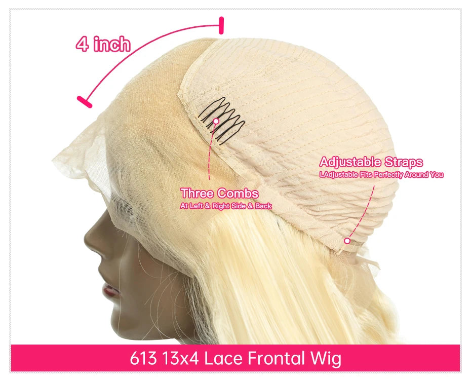Invisible Drawstring 613 Blonde, 13x4 Body Wave Lace Front Wig Preplucked Brazilian