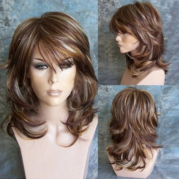 Classic Curly Wig Hair Synthetic Natural Cosplay Brown WIth Blonde Heat Resistant Daily Wigs