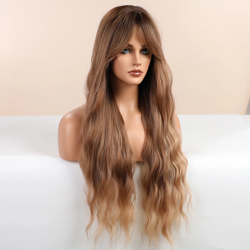 Blonde Unicorn Long Wavy Synthetic Dark Brown Hair Wigs Bangs Heat Resistant