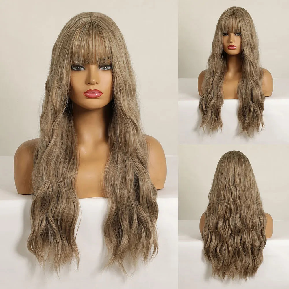 Blonde Unicorn Long Wavy Synthetic Dark Brown Hair Wigs Bangs Heat Resistant