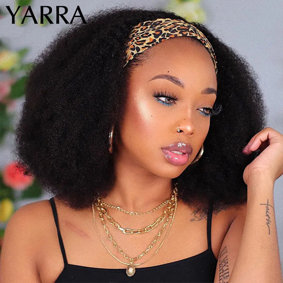 Afro Kinky Curly Human Hair Headband Wigs, 180% Density Brazilian Remy Full