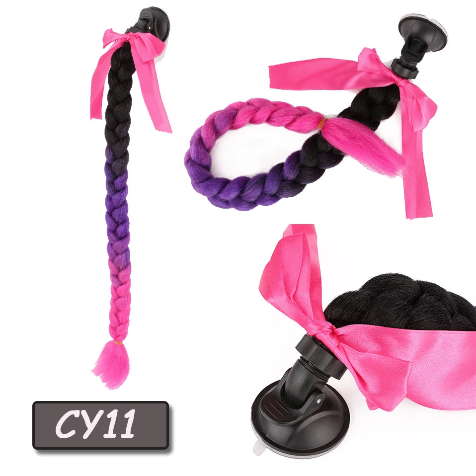 Synthetic Helmet Pigtails Gradient Ramp Braids Ponytail Hair Suction Cup Bowknot Motor