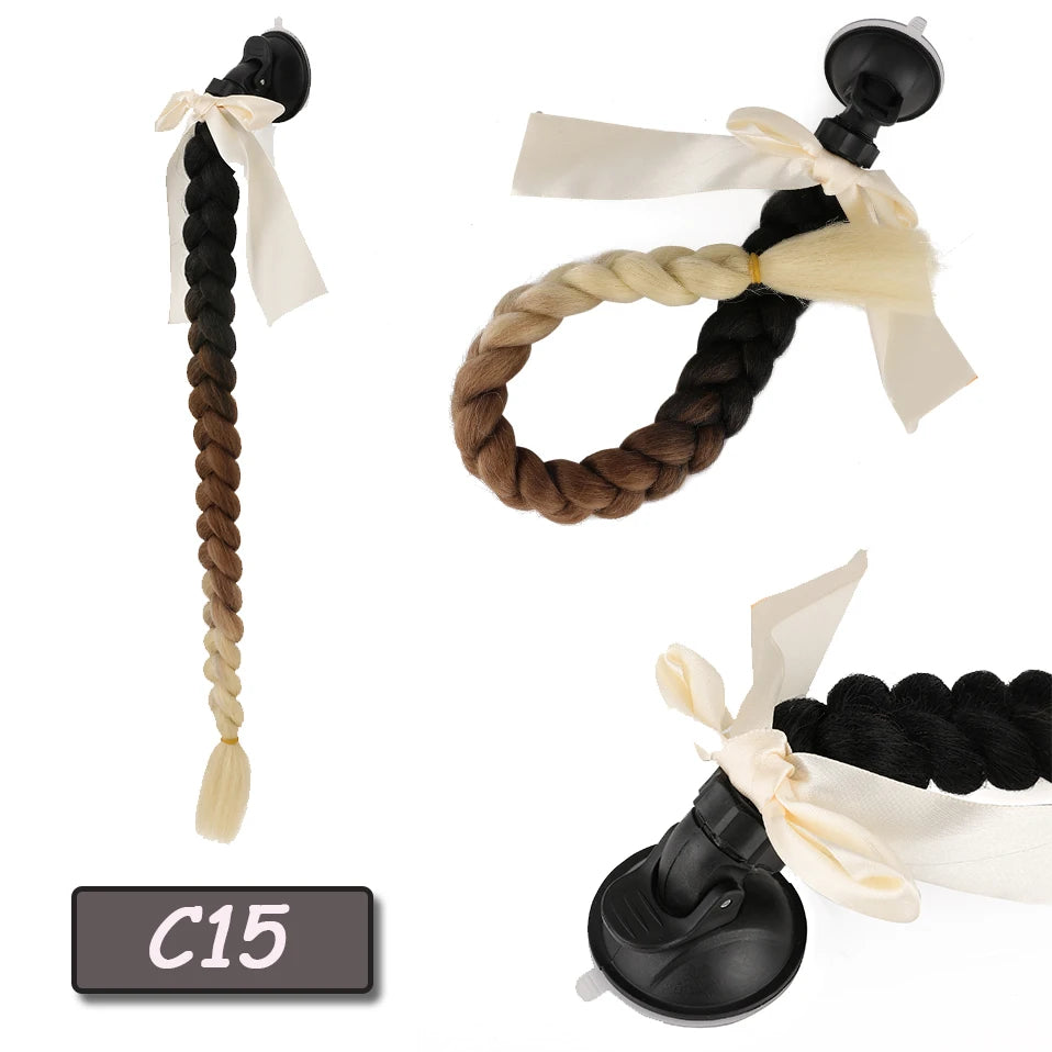 Synthetic Helmet Pigtails Gradient Ramp Braids Ponytail Hair Suction Cup Bowknot Motor