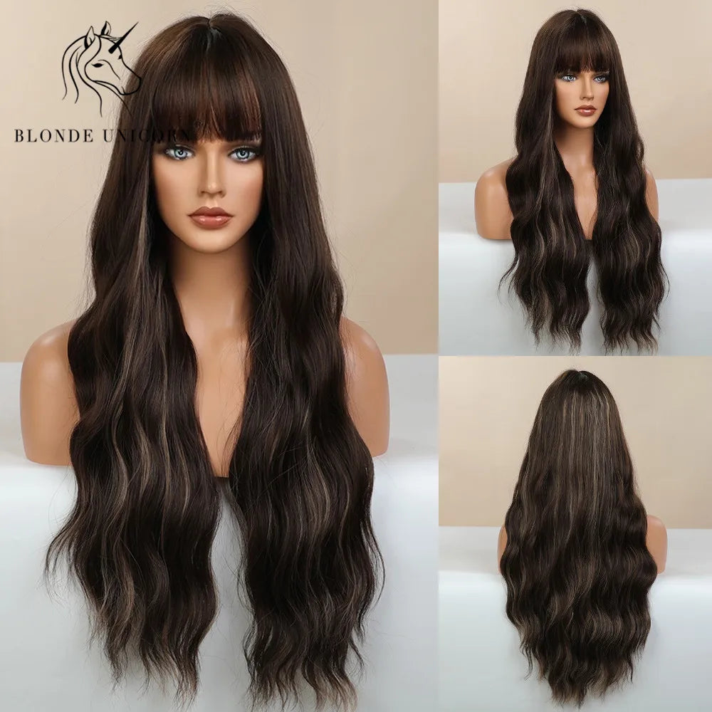 Blonde Unicorn Long Wavy Synthetic Dark Brown Hair Wigs Bangs Heat Resistant