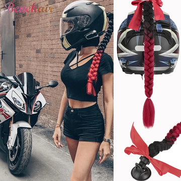 Synthetic Helmet Pigtails Gradient Ramp Braids Ponytail Hair Suction Cup Bowknot Motor