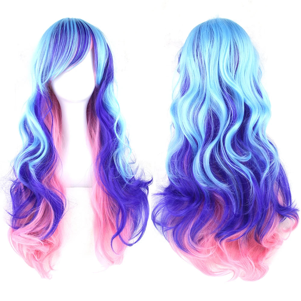 Synthetic Hair Ombre Rainbow Cosplay Wig with Bangs Red Yellow Purple Green Blue Wigs