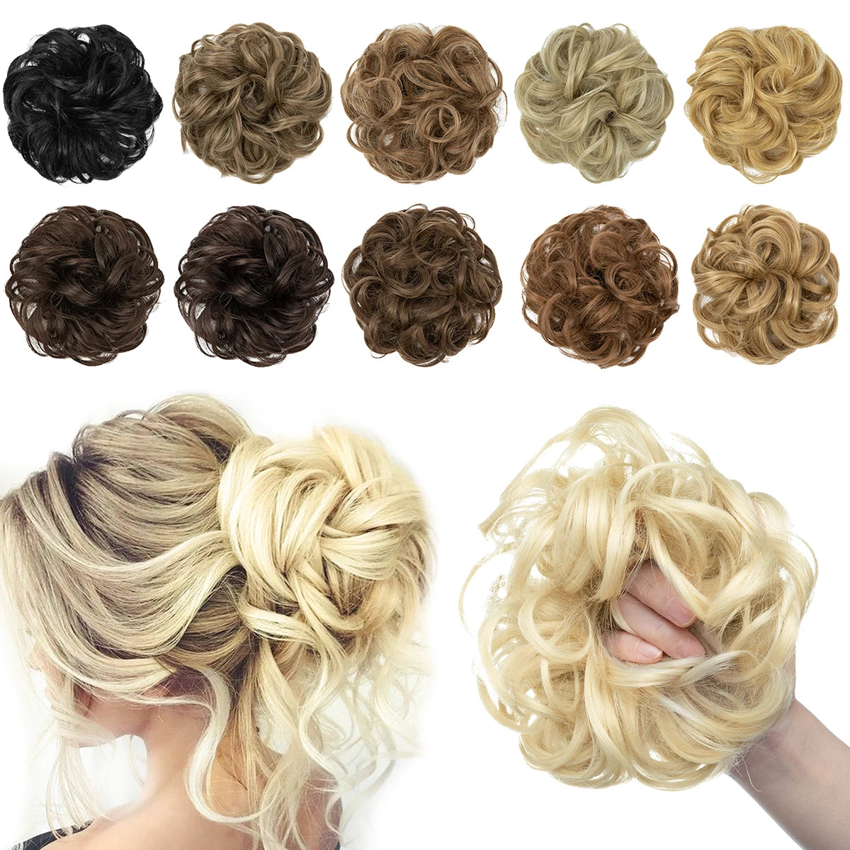 Synthetic Messy Bun Chignon Scrunchies, Wrap Curly Ponytail Hairpiece