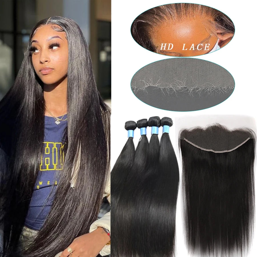 Bone Straight Human Hair Bundles with HD Lace Frontal and Closure